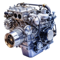 Front perspective of a complex automotive engine system showcasing various mechanical elements against a plain background png