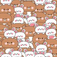 Repeat seamless pattern of cute big teddy bear and tiny bunny rabbit stay together in various poses background.Friendship.Love.Wild and rodent animal character cartoon.Kawaii.Illustration vector