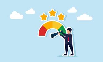 Businessman trying to move a quality indicator needle symbolized by a star, illustration of good evaluation related to product, service, and business performance vector