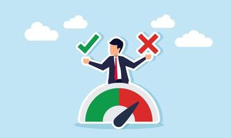 Businessman holding a checkmark and cross behind an indicator showing a cross, illustration of disagreement with business management decisions vector