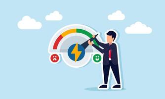 Businessman trying to move the satisfaction indicator needle marked with sad and happy emoticons toward the happy side, illustration of business performance satisfaction indicator vector