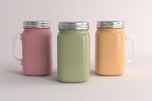 Three colorful mason jars in pastel shades - pink, green, and yellow - are arranged in a row. photo