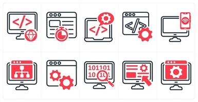 A set of 10 business and seo icons as clean code, website speed, software development in red color vector