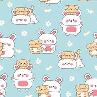 Seamless pattern of cute big rabbit and tiny puppy dog stay together in various poses with flower background.Friendship.Love.Pet and rodent animal character cartoon.Illustration. vector