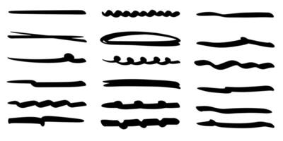 Chalk lines, charcoal highlight strokes doodle set. Pencil underlines, kids crayon strips, brush line in sketch style. Grunge texture. vector