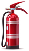 A red fire extinguisher with a nozzle and handle. png