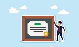 businessman standing next to a certificate, diploma, or graduation document, illustration of a certificate proving success or graduation vector