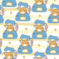 Seamless pattern of cute cat stay on classic retro telephone desk with heart background.Meow.Kid graphic.Fish and paw hand drawn.Pet animal character cartoon.Kawaii.Illustration. vector