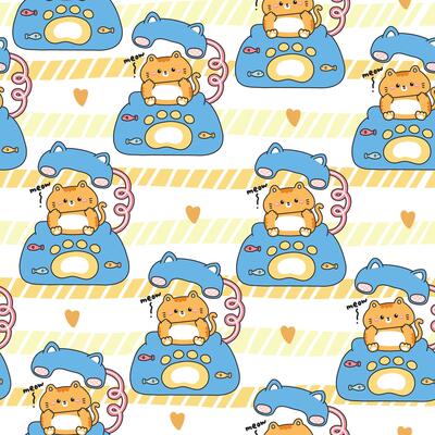 Seamless pattern of cute cat stay on classic retro telephone desk with heart background.Meow.Kid graphic.Fish and paw hand drawn.Pet animal character cartoon.Kawaii.Illustration.
