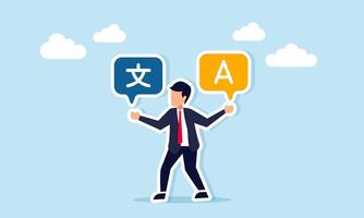 Businessman confused with chat dialog symbols in alphabet and Mandarin on both sides of his hands, illustration of cultural acculturation or globalization in language vector