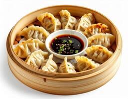 Authentic Chinese Dumplings Displayed Neatly in a Round Bamboo Steamer photo