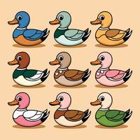 Funny Cartoon Ducks Wearing Hats and Coats Stickers Set vector