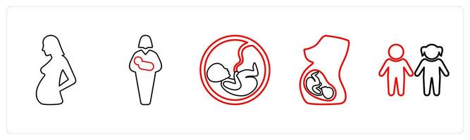 A set of 5 medical icons as pregnancy, postanatal, fetus in red line color vector