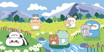 Cute animals and baby do different activities in the forest open space grass background.Panda,rabbit,frog,bear,penguin,seal,dog,cat hand drawn.Nature.Flower and mountain.Cartoon.Kawaii. vector