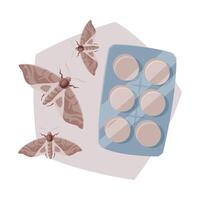 Pills Packing of Clothes Moth Insecticide, Pest Control Service, Detecting and Exterminating Insects Illustration vector
