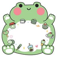 Cute fat frog have message box for text writing.Macaron,pudding,matcha,buble milk tea,rolled cake icon hand drawn frame.Image for sticker,paper note,decoration.Animal cartoon.Kawaii. vector