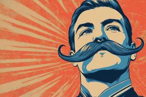 Retro banner ad showcasing a man with a large mustache promoting a mustache-themed event in a vibrant and colorful style photo