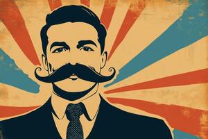 Retro banner ad featuring a man with an oversized mustache for a mustache-themed celebration in a vibrant vintage style photo