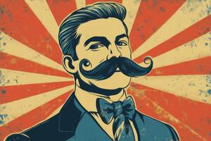 Retro banner ad featuring a man with an oversized mustache promoting a fun mustache-themed event in a vintage style photo