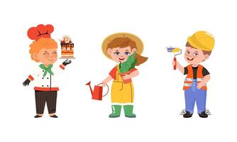 Kids of various professions set. Farmer, chef cook, builder cartoon illustration vector
