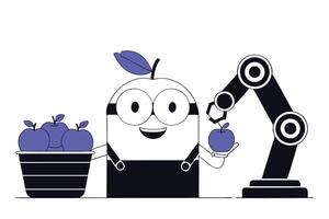 Playful minion character holding a ripe apple accompanied by a big basket of apples vector