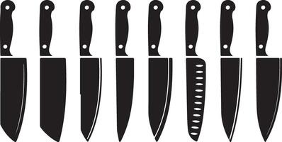 Collection of Black Kitchen Knives Chefs, Paring, Utility Blades. vector