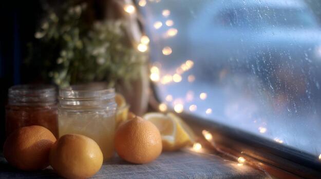 preparar refrescante jargaritas con agrios y mermelada en un acogedor camper ambiente debajo hada luces foto
