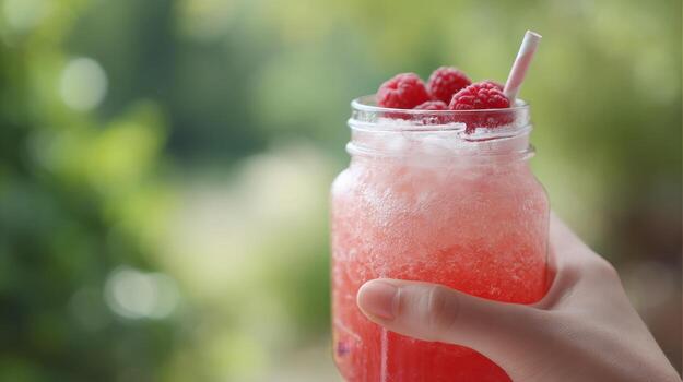 disfrutar un refrescante frambuesa jargarita cóctel retenida en un masón tarro en contra un lozano jardín fondo foto