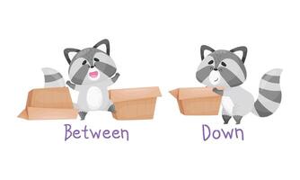 Learning English preposition set. Cute cat between and down the box. Educational visual material cartoon illustration vector