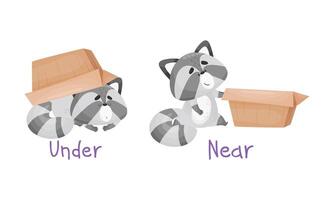 Learning English preposition set. Cute cat under and near the box. Educational visual material cartoon illustration vector
