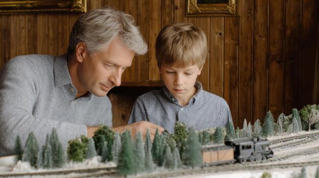 padre y hijo enlace terminado edificio un modelo tren pista, compartiendo alegría y nostalgia en un cálido, retro configuración, niños concepto foto