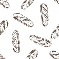 Hand drawn vintage seamless pattern of baguette bread in monochrome engraving style, classic outline food illustration vector