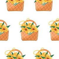 pattern with a woven straw basket with spring, yellow tulips and a banquet, for various designs vector