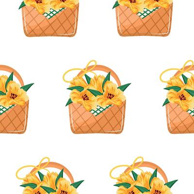 pattern with a woven straw basket with spring, yellow tulips and a banquet, for various designs