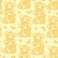 Seamless pattern of cute monkey stay on top each other greeting with banana and flower background.Wild animal character cartoon design.Relax.Lay.Kawaii.Illustration. vector