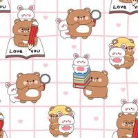 Seamless pattern of cute teddy bear and rabbit in back to school concept background.Student and teacher.Book and pencil.Study learn.Wild and rodent animal character cartoon.Kawaii.Illustration vector