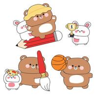 Set of cute teddy bear and rabbit in back to school concept.Student and teacher.Basketball,brush,pencil,trophy.Study learn.Wild and rodent animal character cartoon.Kawaii.Illustration vector