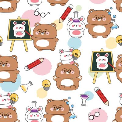 Seamless pattern of cute teddy bear and rabbit in back to school concept background.Student and teacher.Art,idea,test tube,science.Study learn.Wild and rodent animal character cartoon.Kawaii.