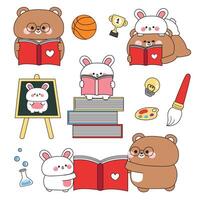Set of cute teddy bear and rabbit in back to school concept.Student and teacher.Brush,basketball,science experiment bottle,pencil,trophy.Study learn.Wild and rodent animal character cartoon. vector