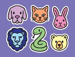 Colorful cartoon line art icons,stickers set. dog,cat,rabbit,lion,snake,bear vector