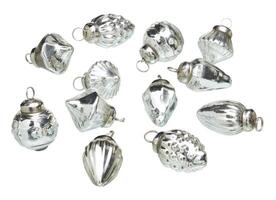 Various silver glass balls with hanging loops for party cut out isolated white background with clipping pathdecoration photo