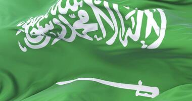 Saudi Arabia flag waving at wind in slow with blue sky, loop video