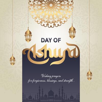 Day of Ashura, the 10th day of Muharram, features an Islamic pattern and frame with elegant typography. Ideal for Eid, Isra Miraj, Milad, and Muharram cards, posters, and background designs
