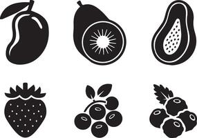 Flat Black Icons of Tropical and Berry Fruit Collection vector