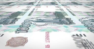Series of banknotes of one thousand rubles russians of russian bank rolling on screen, coins of the world, cash money loop video