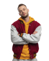 Stylish teenage boy in red and yellow jacket with arms crossed posing isolated on transparent background png