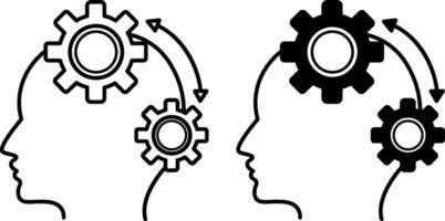 Algorithm Icons. Black And White Illustrations. Clear Sequence Of Actions That Gives A Pre-Known Result. Human Head And Gears. Concept Psychology vector