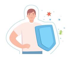Healthy Man with Shield Surrounded by Invisible Barrier for Bacterial Attack Illustration vector