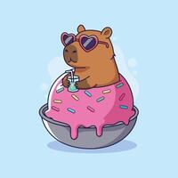 Cute Capybara enjoying a drink while floating in a donut. illustration vector