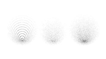 Faded rippled circles set. Dotted grain rings set. Stippled gradient epicentre, radar, target, vibration concept . Noise sound wave. dot work vector